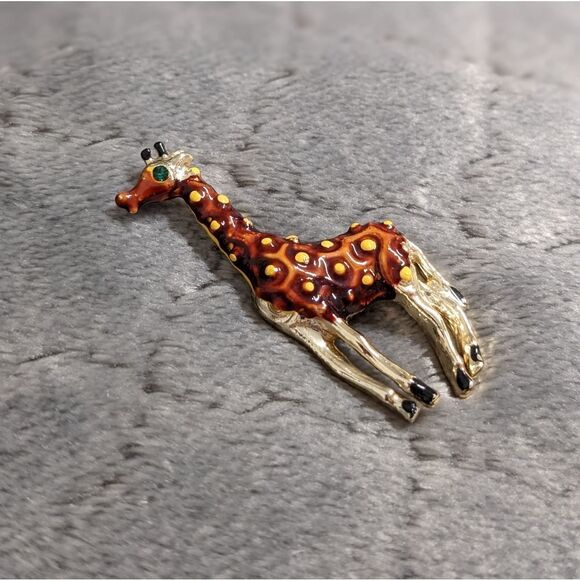 Vintage 1980's Enamel & Goldtone Giraffe Brooche - Picture 4 of 9
